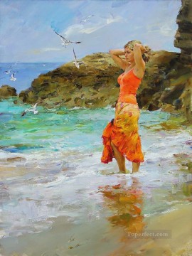  seagull Oil Painting - Pretty Girl seagull beach MIG 41 Impressionist